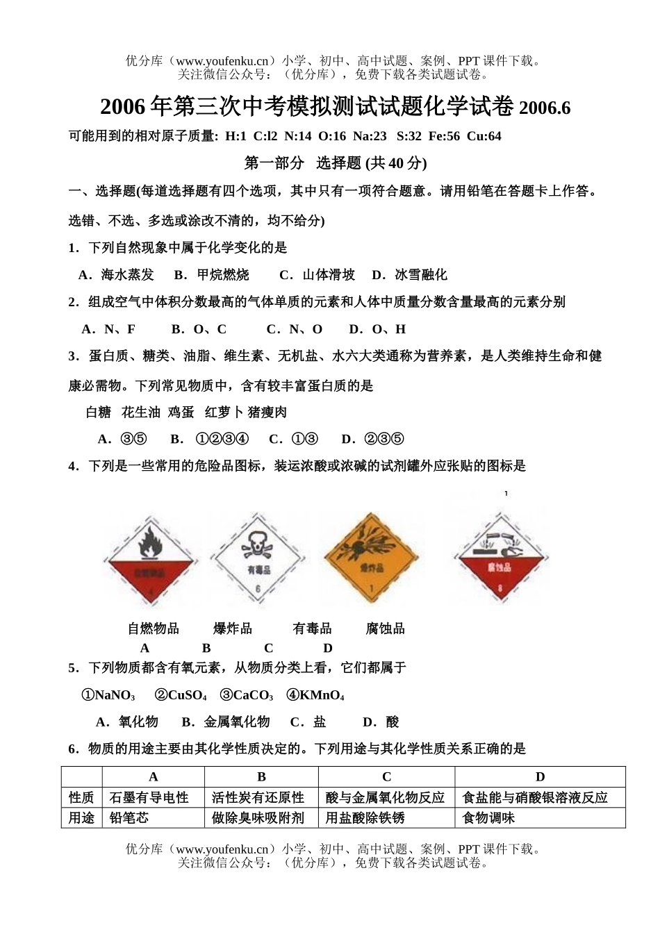 初中化学考第三次中考模拟测试卷_第1页