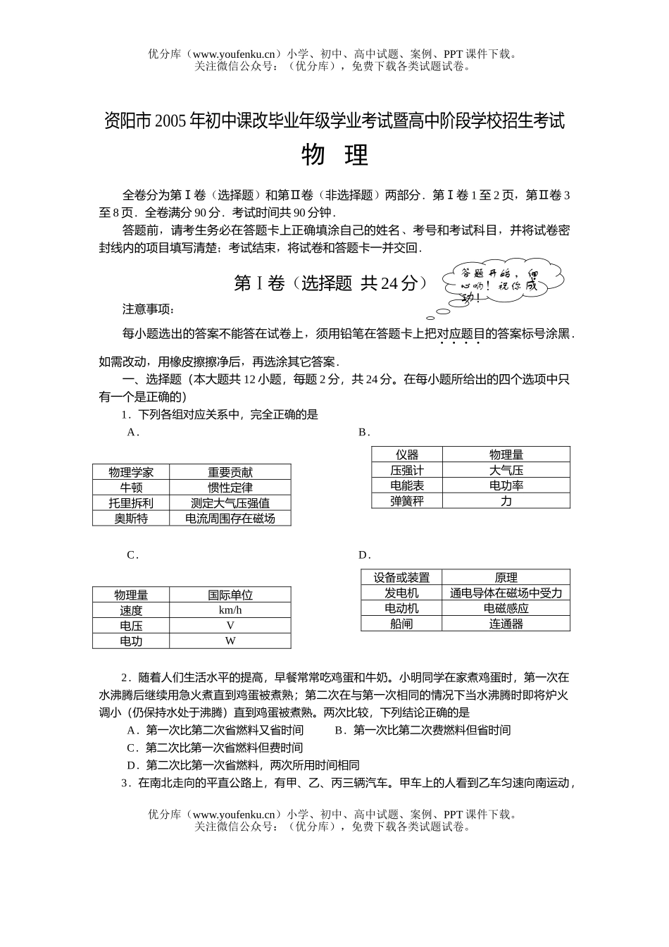 初中物理中考雁江区课改实验区中考试卷_第1页