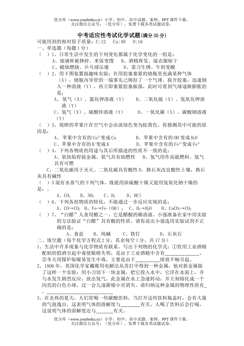 初中化学考中考适应性考试卷_第1页