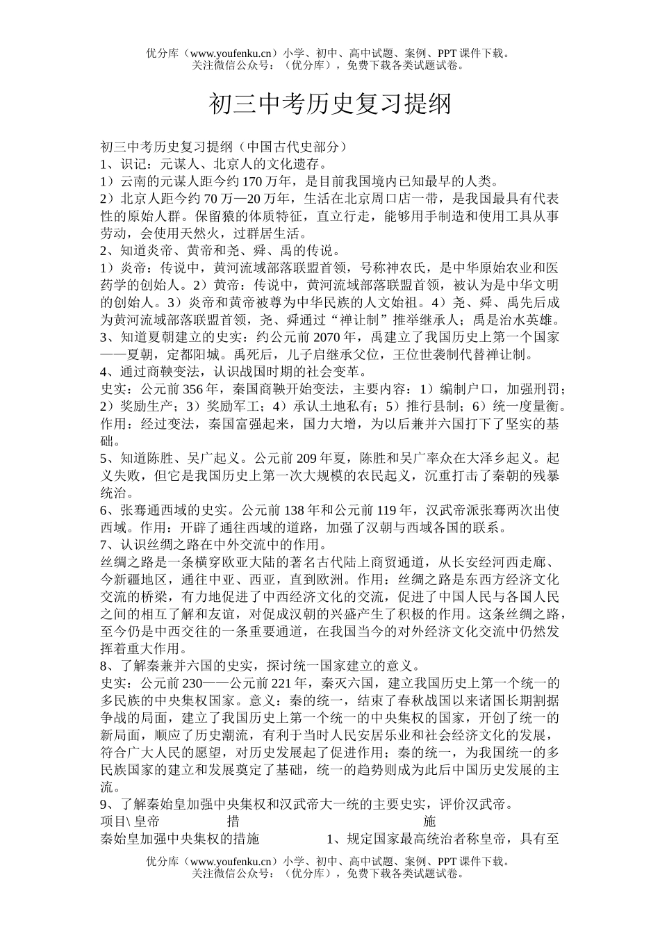 初中历史中考中考复习提纲中国古代史部分试卷_第1页