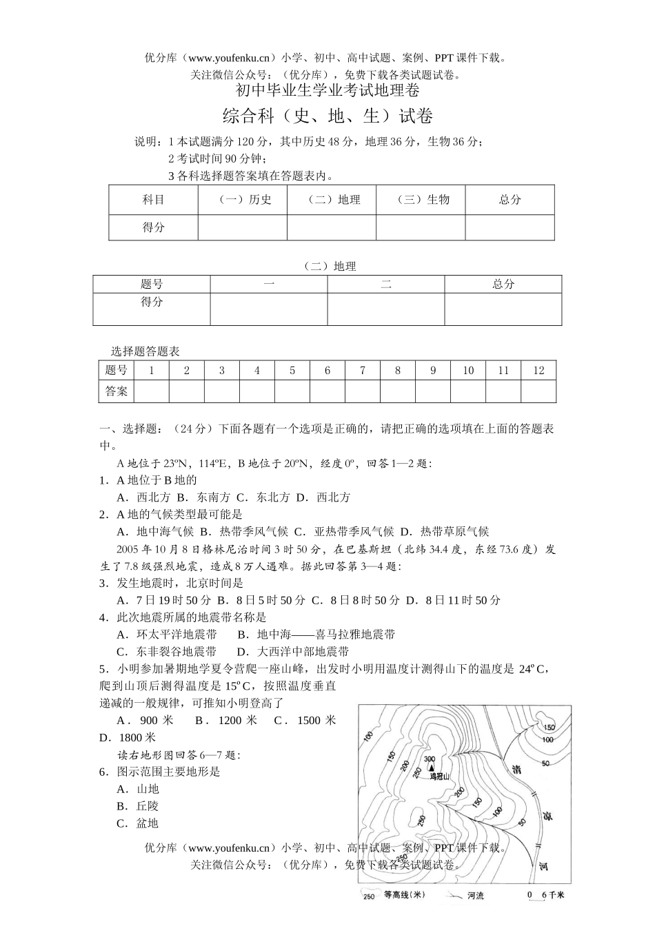 初中地理中考毕业生学业考试卷_第1页