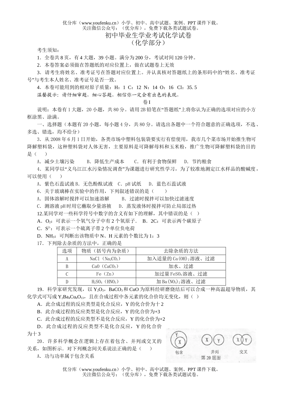 初中化学考毕业生学业考试卷_第1页