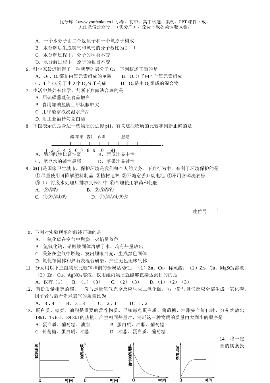 初中化学考江苏省南通市毕业、升学统一考试卷_第2页