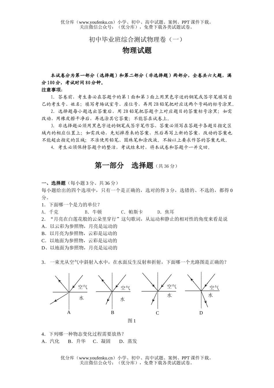 初中物理中考毕业班综合测试卷2试卷_第1页