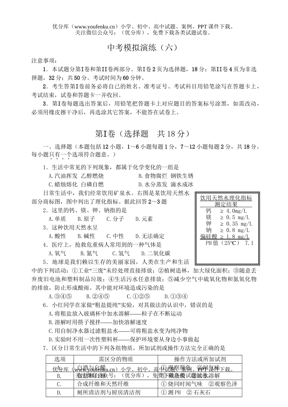 初中化学考挑战中考疑难《》中考模拟演练6试卷_第1页