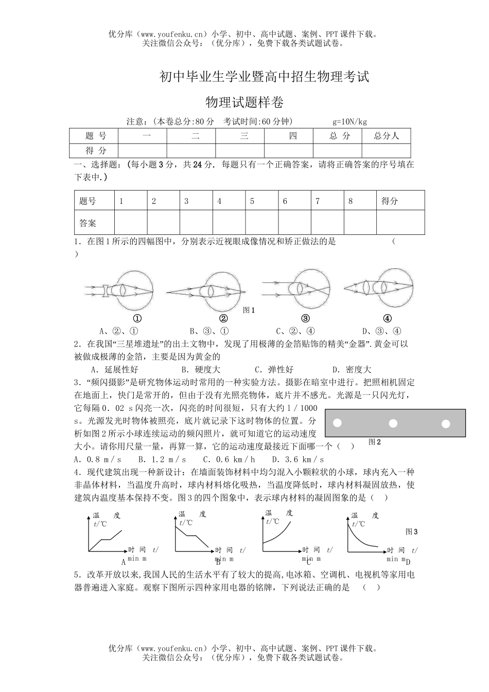 初中物理中考毕业生学业暨招理考试卷_第1页