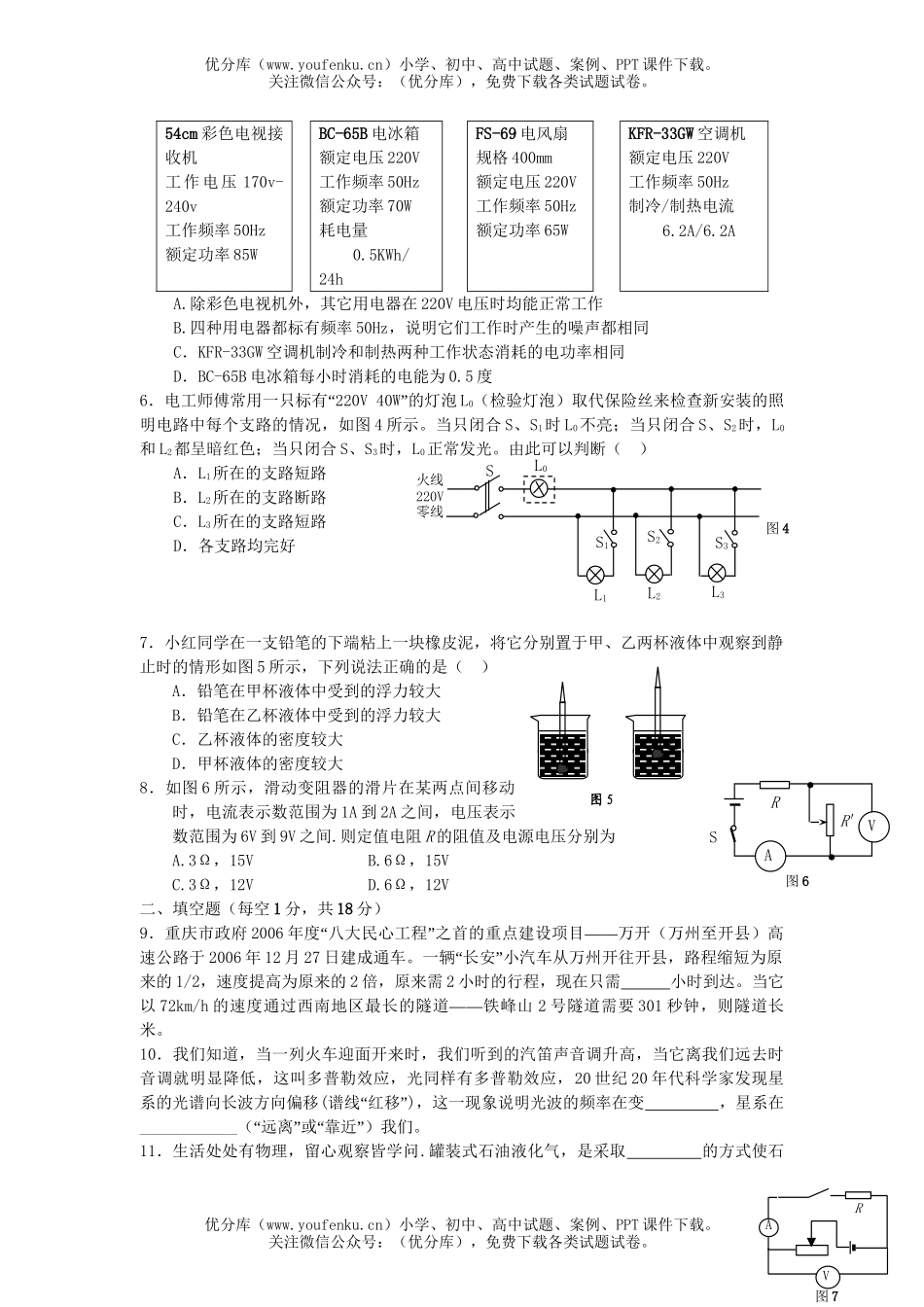 初中物理中考毕业生学业暨招理考试卷_第2页