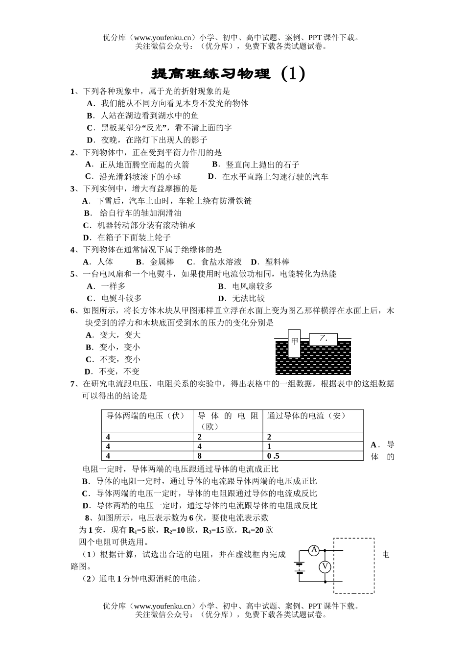 初中物理中考中考提高班练习试卷_第1页