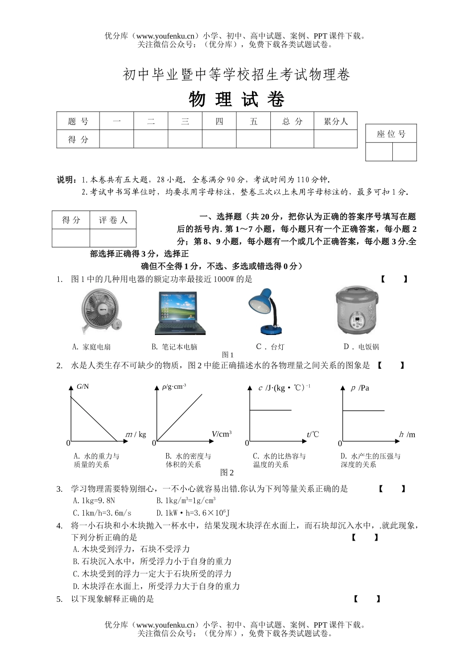 初中物理中考毕业暨中等学校招生考试卷_第1页
