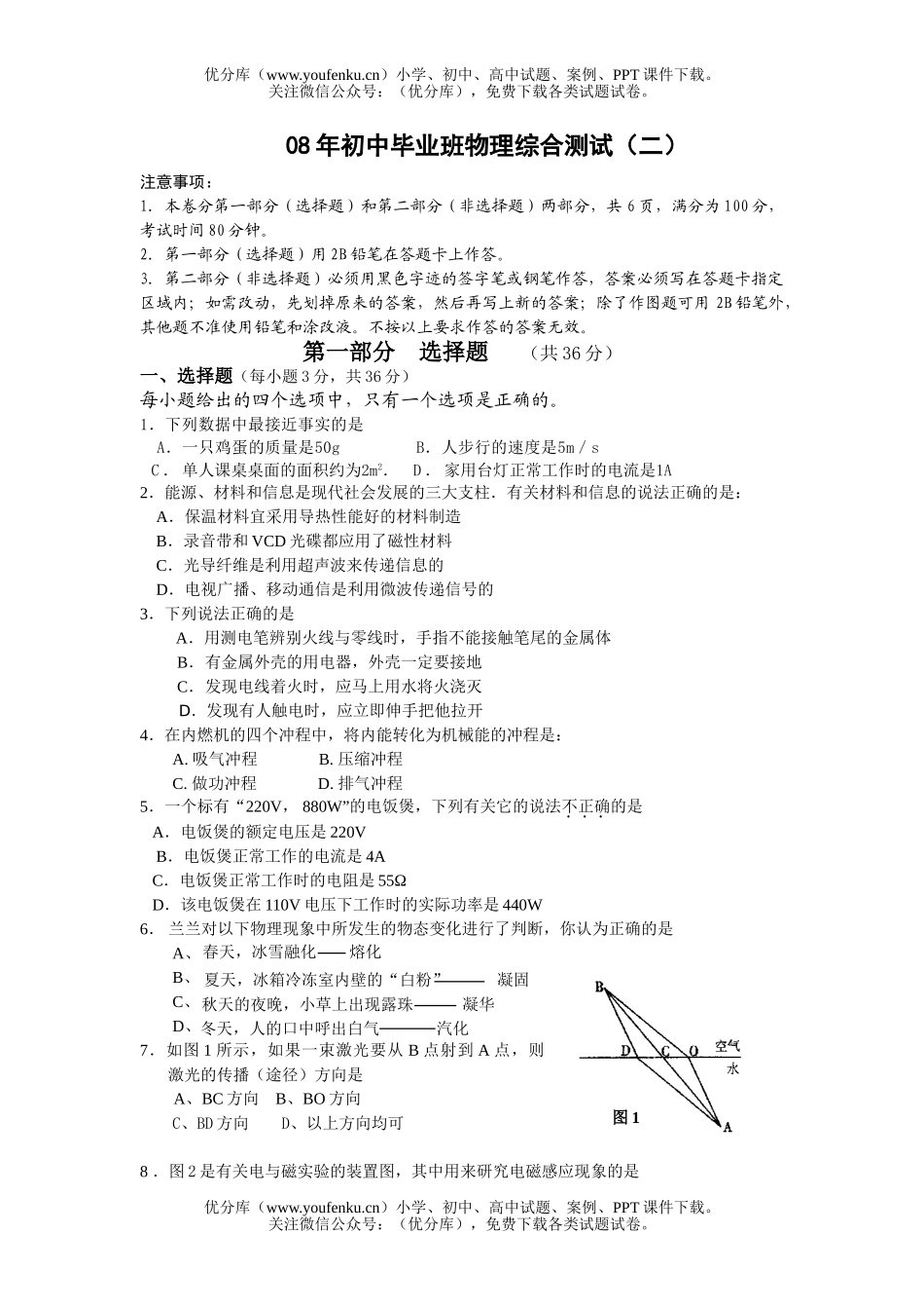 初中物理中考08年毕业班综合测试卷_第1页
