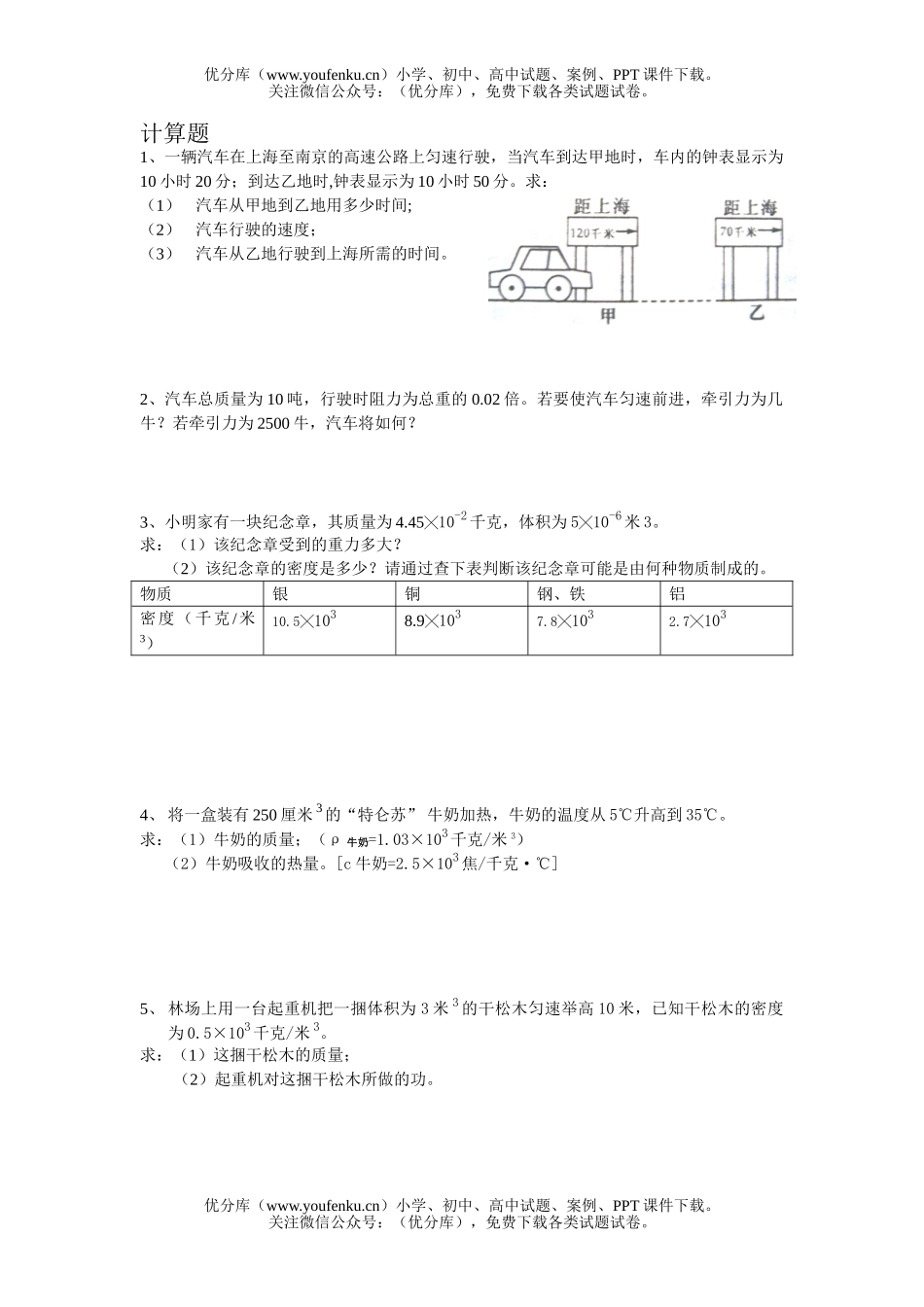 初中物理中考中考计算题专题试卷_第1页