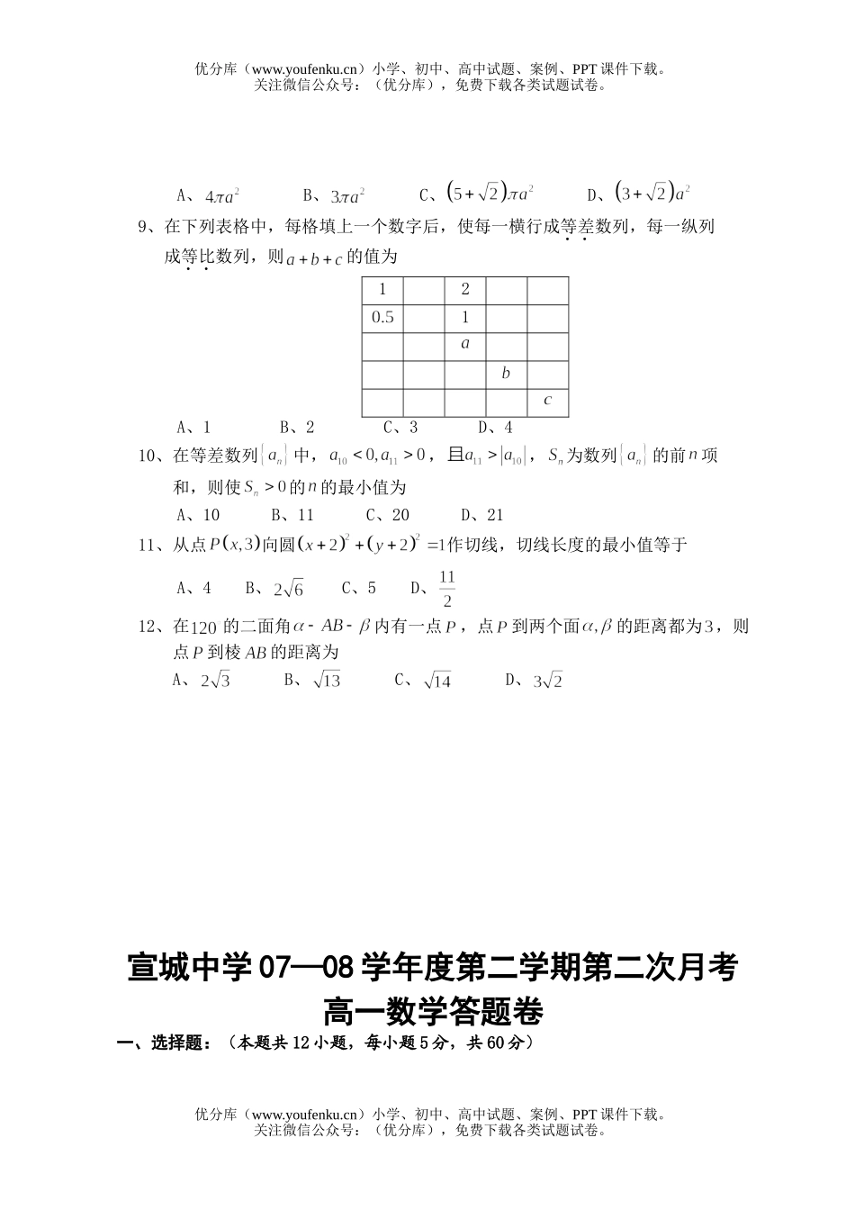 高中一年级数学第二学期第二次月考试卷_第2页