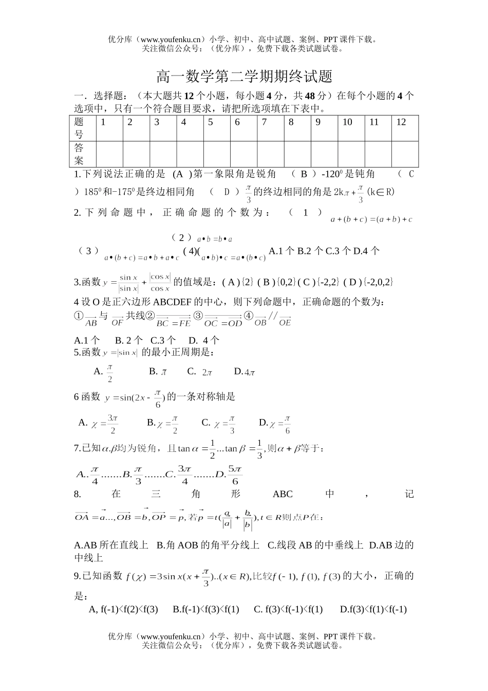 高中一年级数学第二学期期终2试卷_第1页