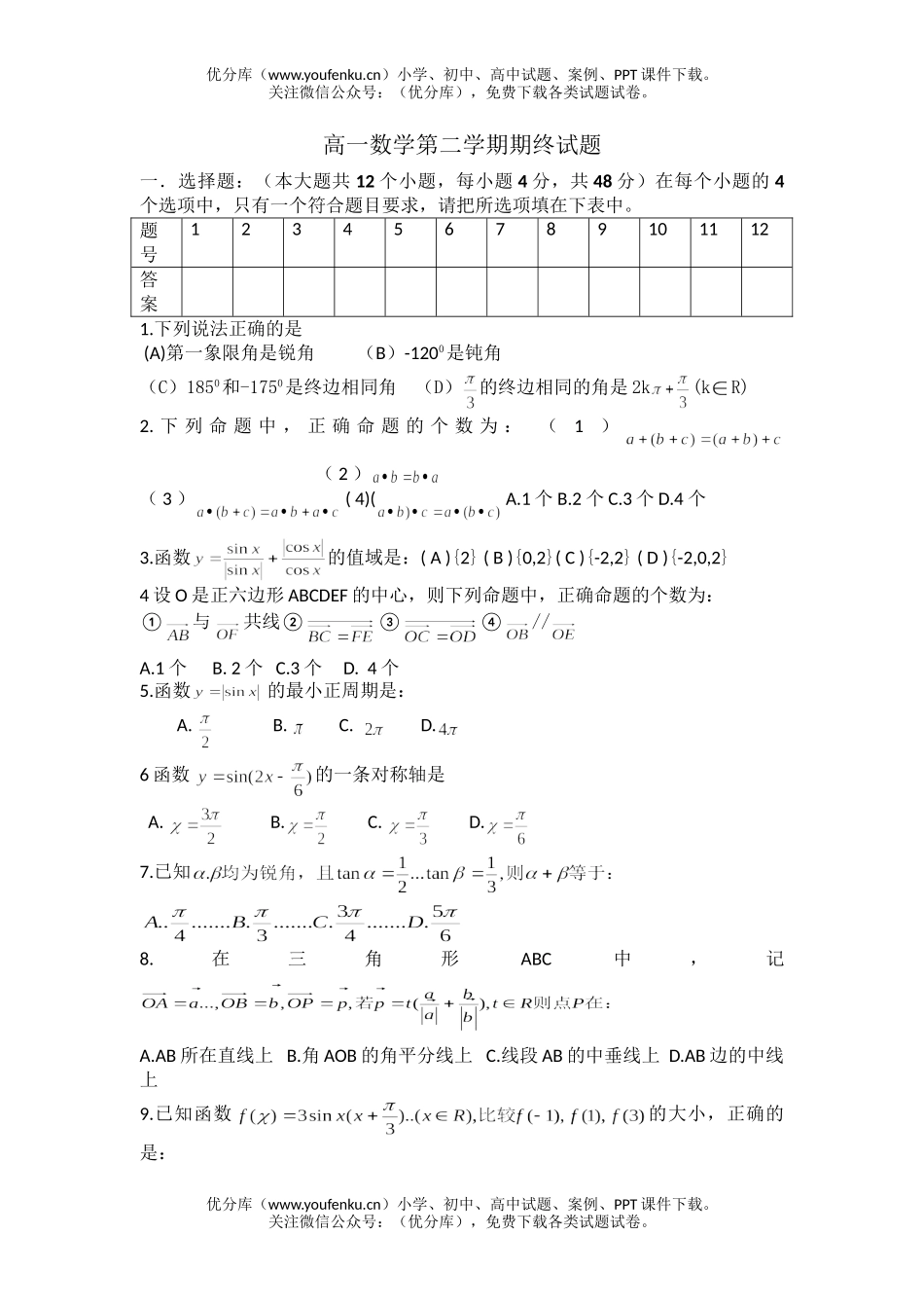 高中一年级数学第二学期期终试卷_第1页