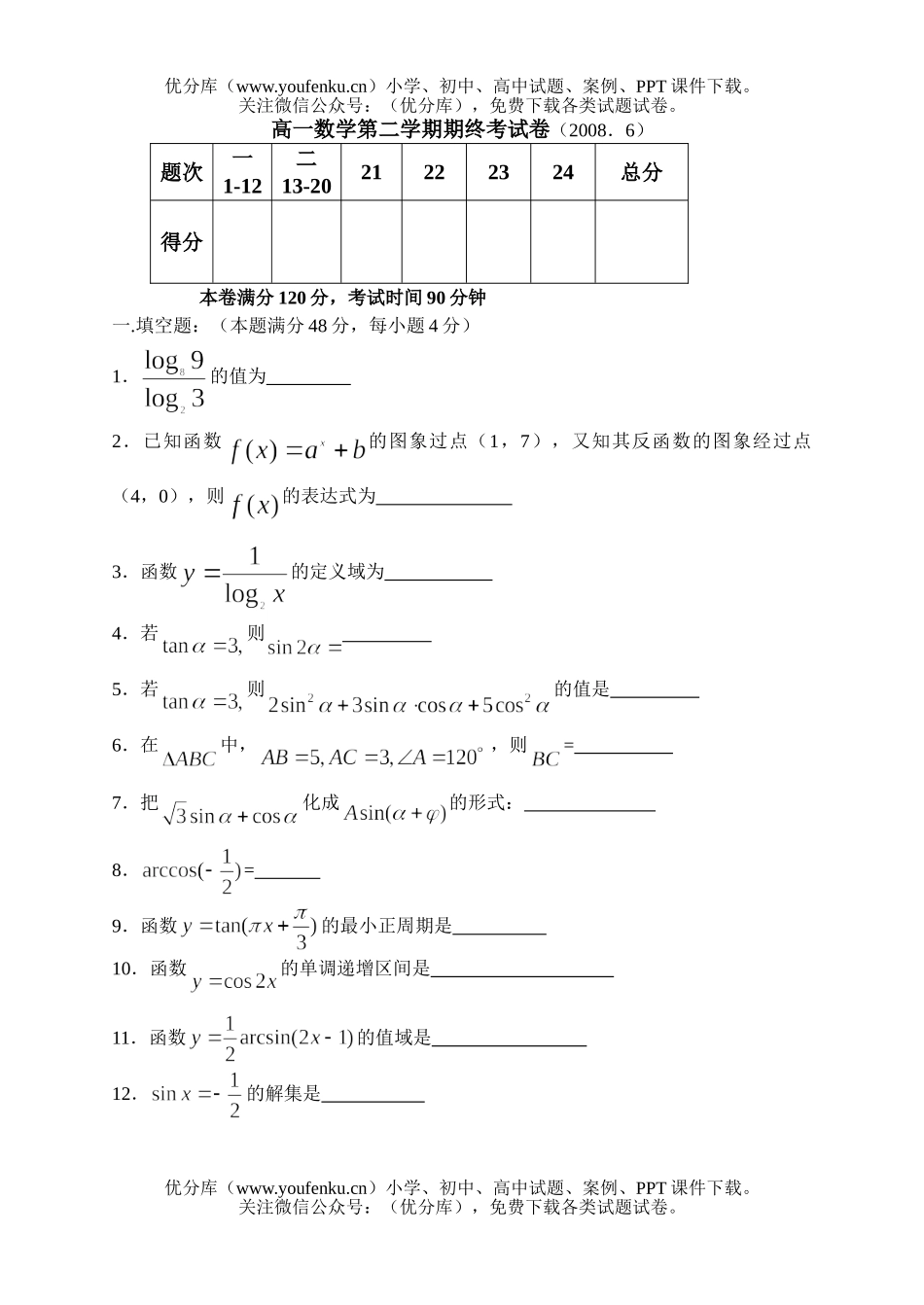 高中一年级数学第二学期期终考试卷_第1页