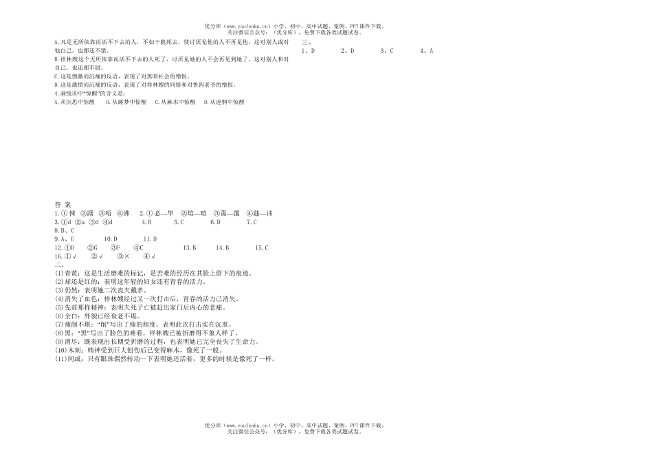 高中一年级语文《祝福》练习试卷_第3页