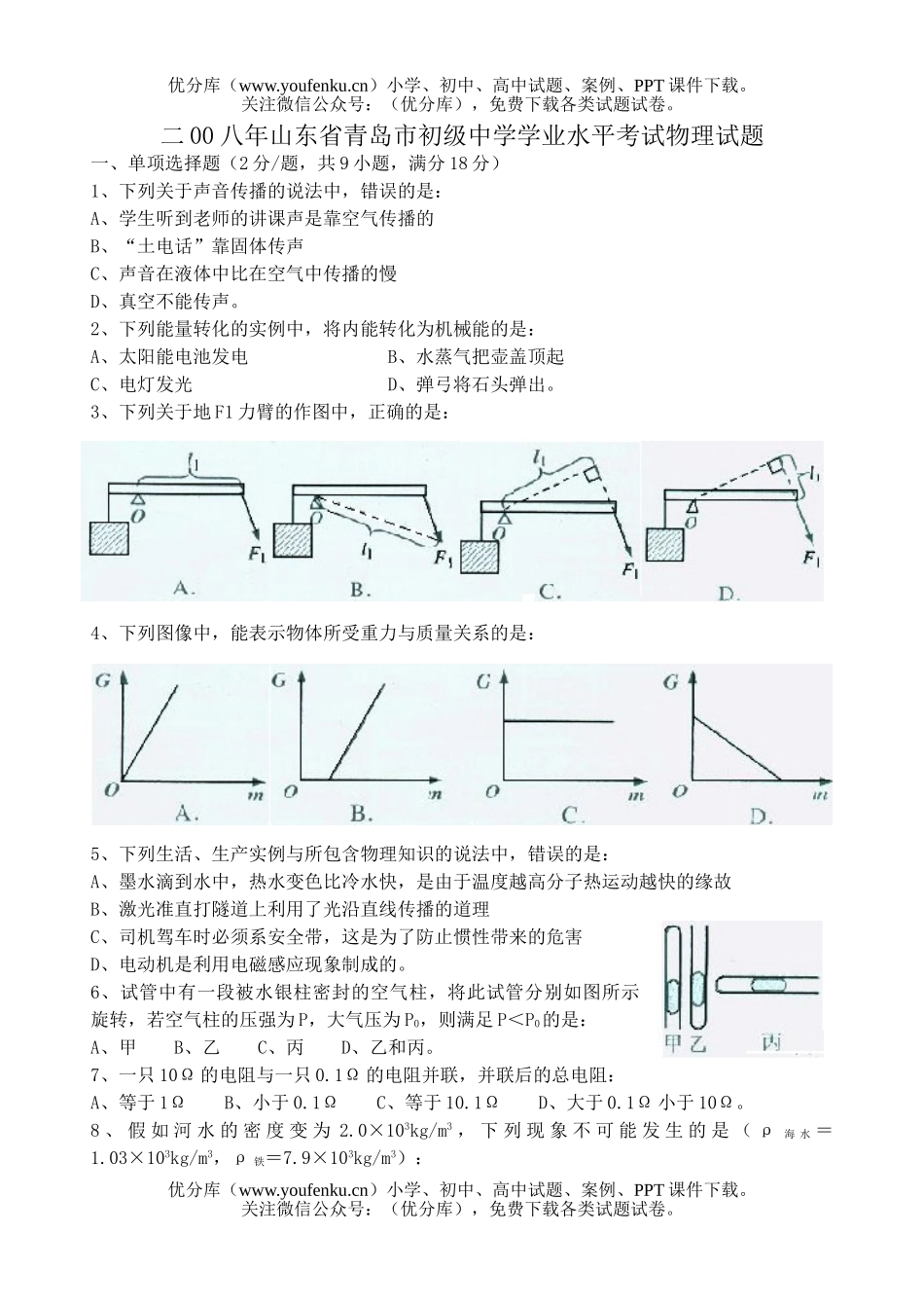 初中物理中考08年青岛市毕业生升学考试卷_第1页