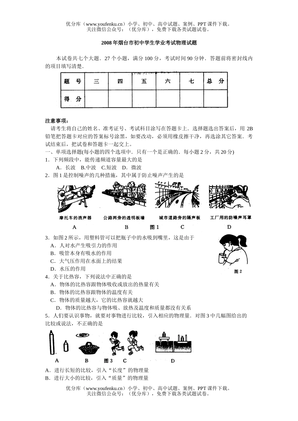 初中物理中考08年烟台市学生学业考试卷_第1页