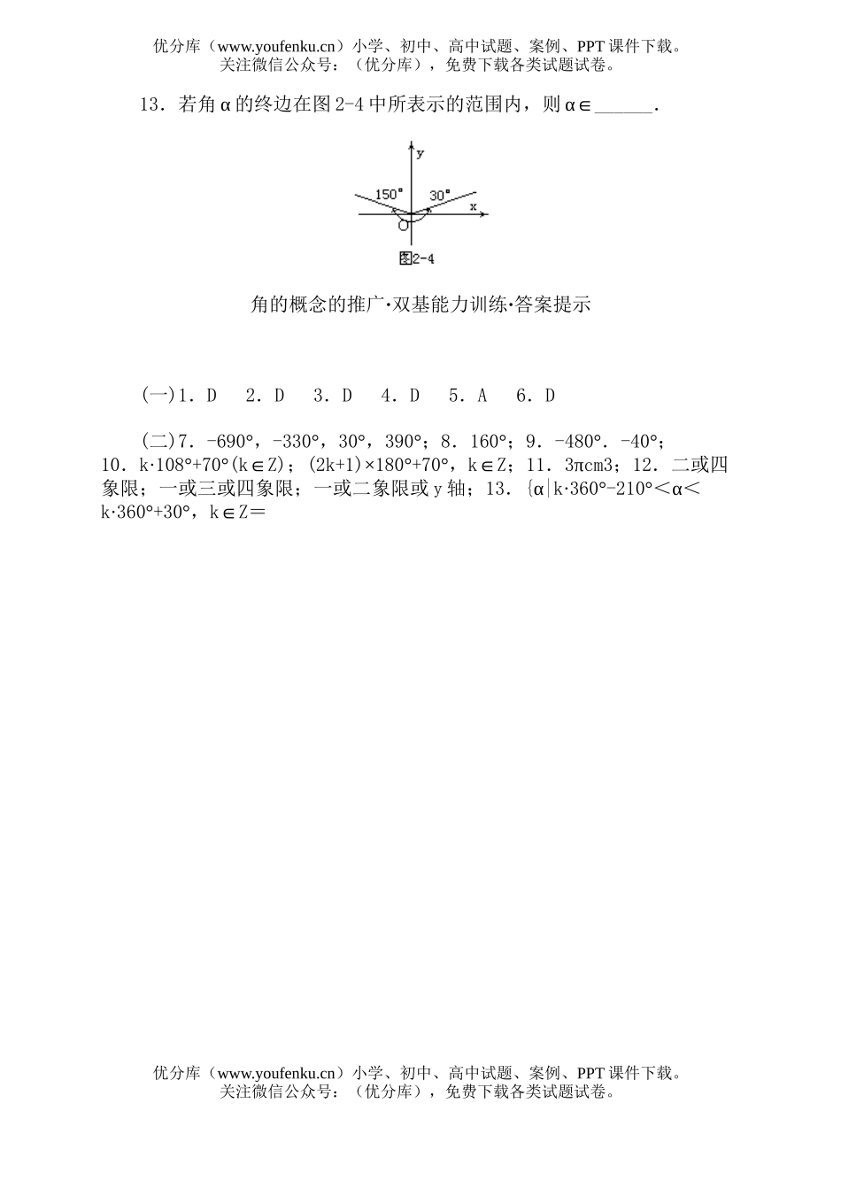 高中一年级数学角的概念的推广·双基能力训练试卷_第3页