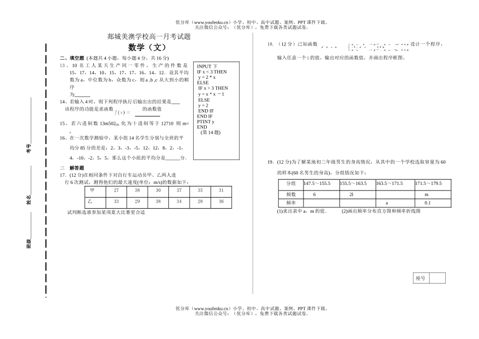 高中一年级数学郯城美澳学校月考(卷2)试卷_第1页