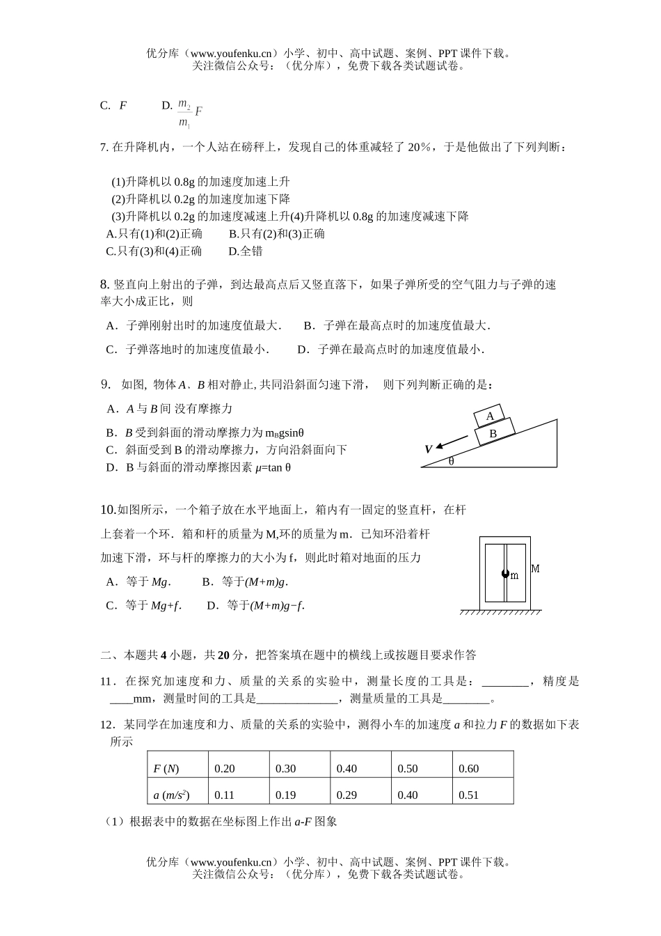 高中一年级物理第一学期月考 牛顿运动定律试卷_第2页