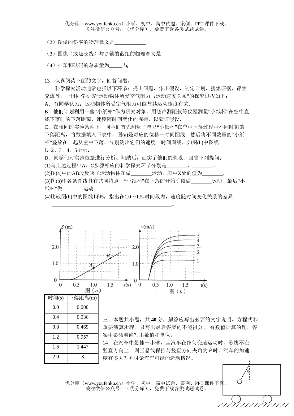 高中一年级物理第一学期月考 牛顿运动定律试卷_第3页