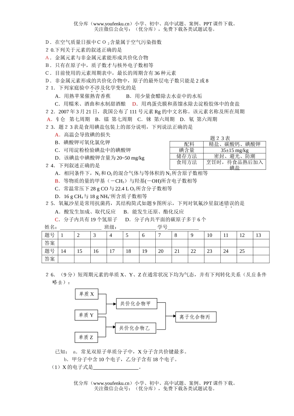 高中一年级化学必修2期末复习练习试卷_第3页