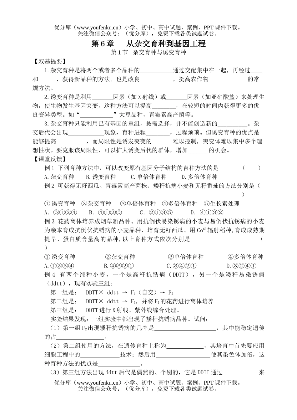 高中一年级生物杂交育种与诱变育种测试卷_第1页