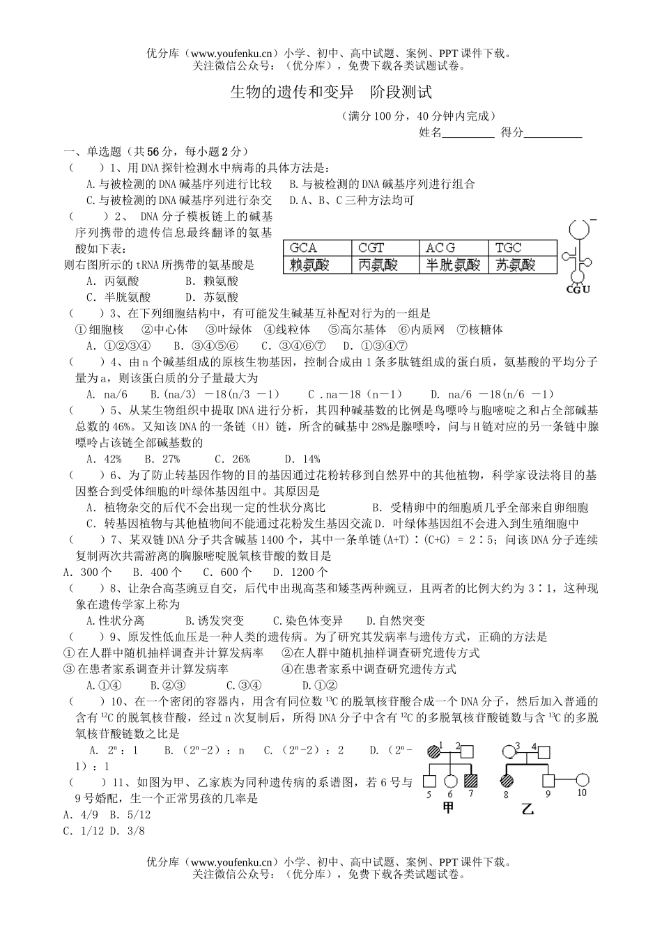 高中一年级生物必修2测试卷_第1页