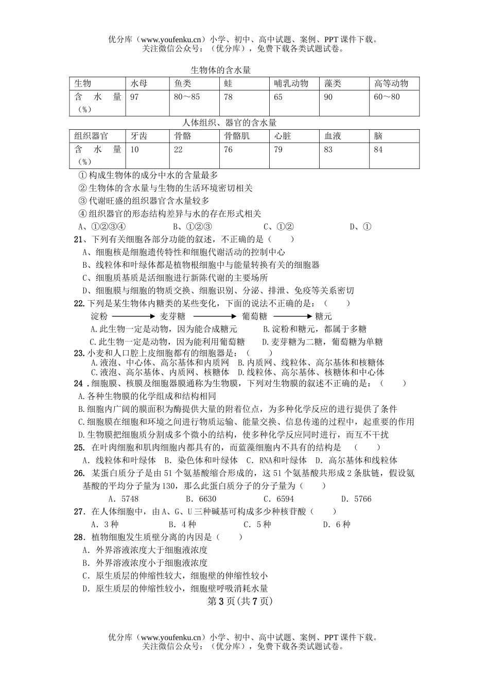 高中一年级生物级第一学期期中测试卷_第3页