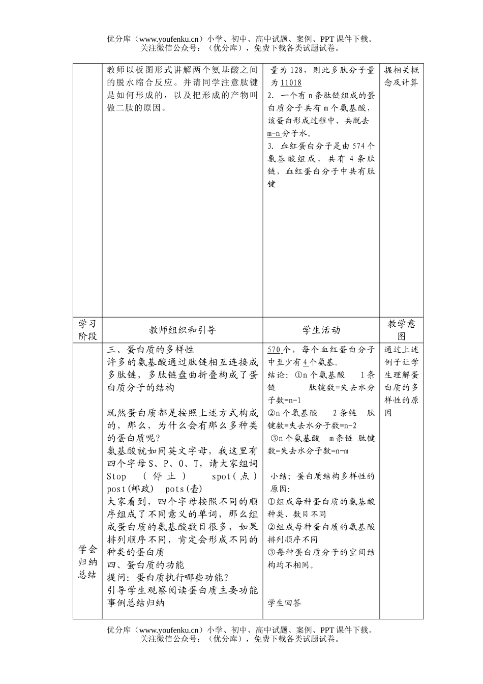 高中一年级生物蛋白质教案试卷_第3页