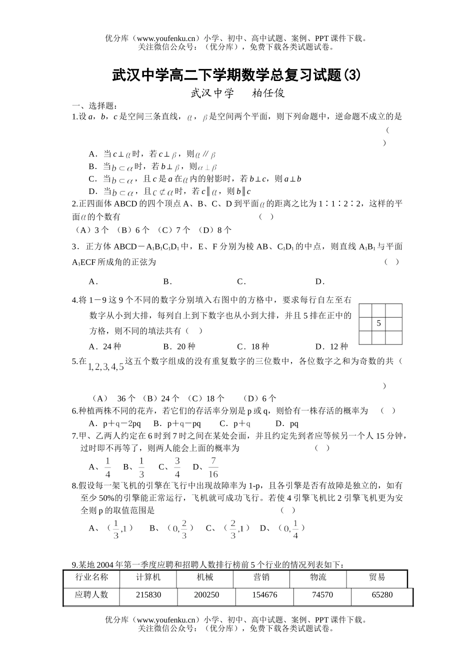 高中二年级数学武汉中学下学期总复习(3)试卷_第1页
