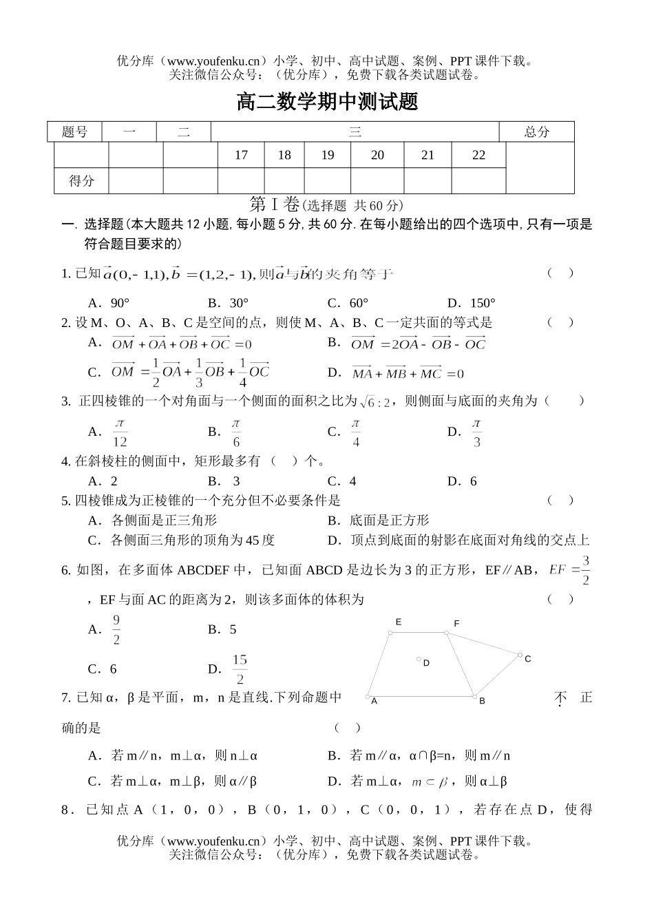 高中二年级数学期中测试卷_第1页