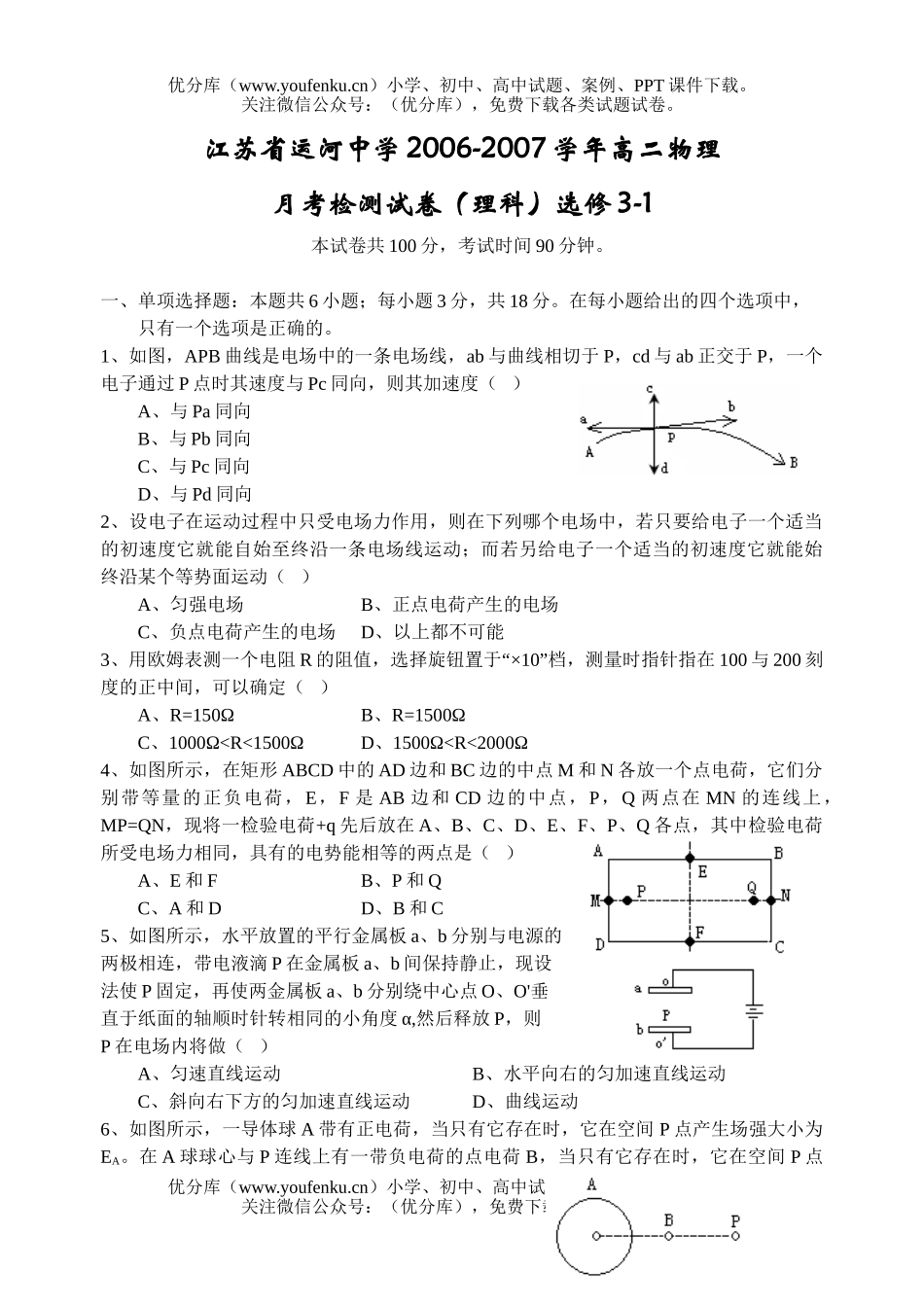 高中二年级物理江苏省运河中学2006-2007学年月考检测(理科)试卷_第1页