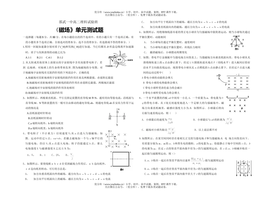 高中二年级物理《磁场》单元测试卷_第1页