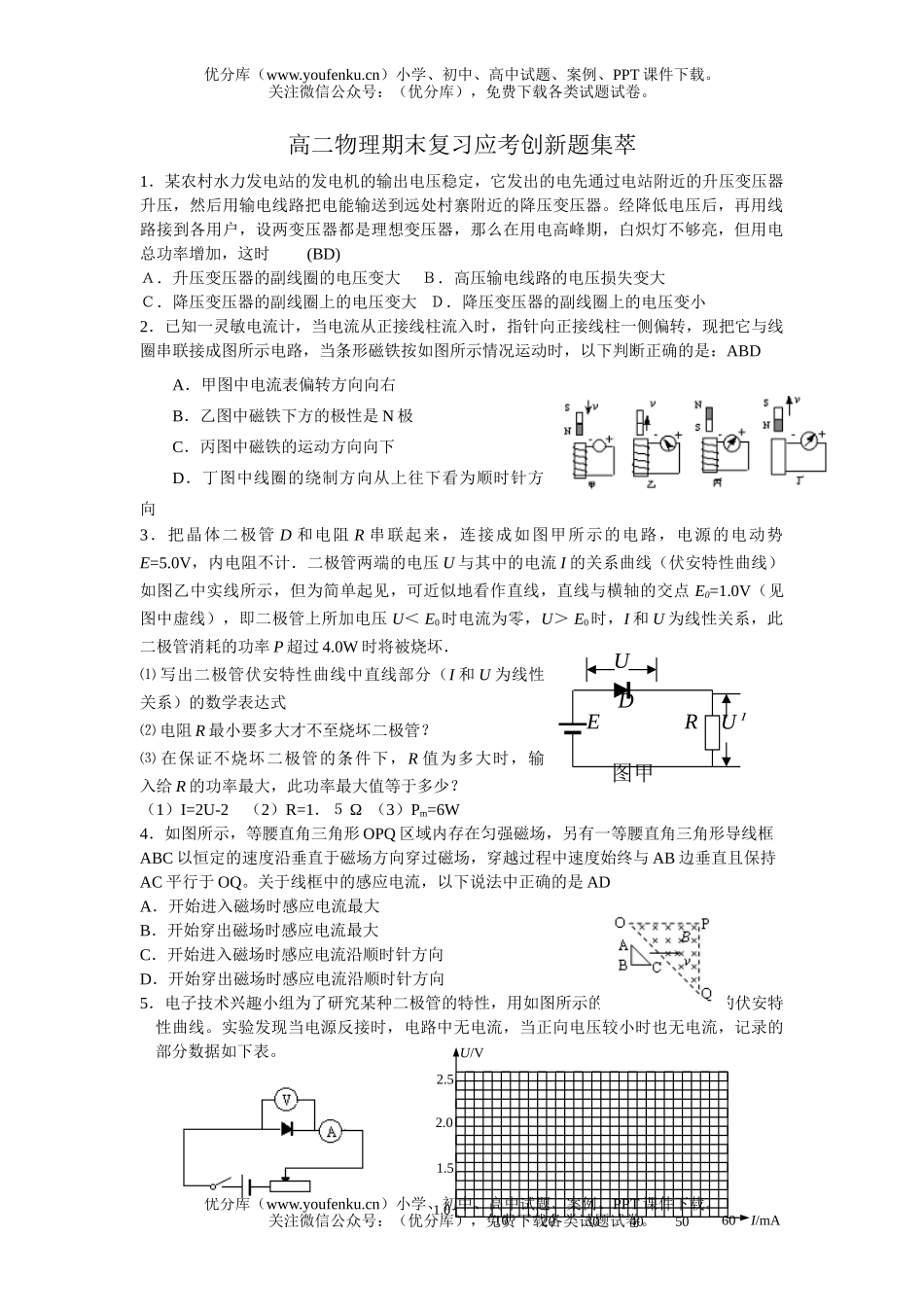 高中二年级物理期末复习应考创新题集萃试卷_第1页
