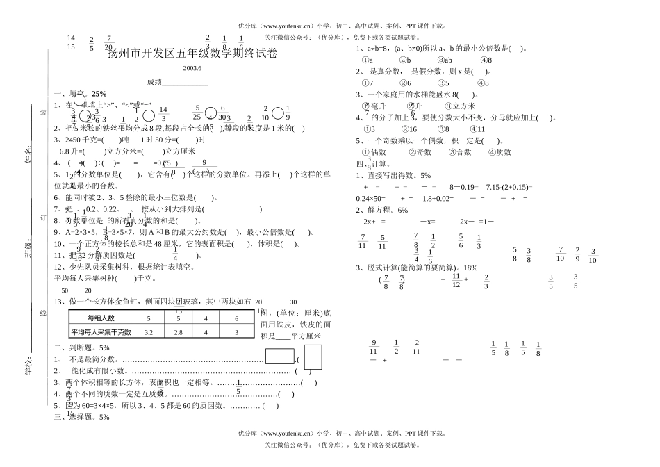 小学五年级数学期终1试卷_第1页