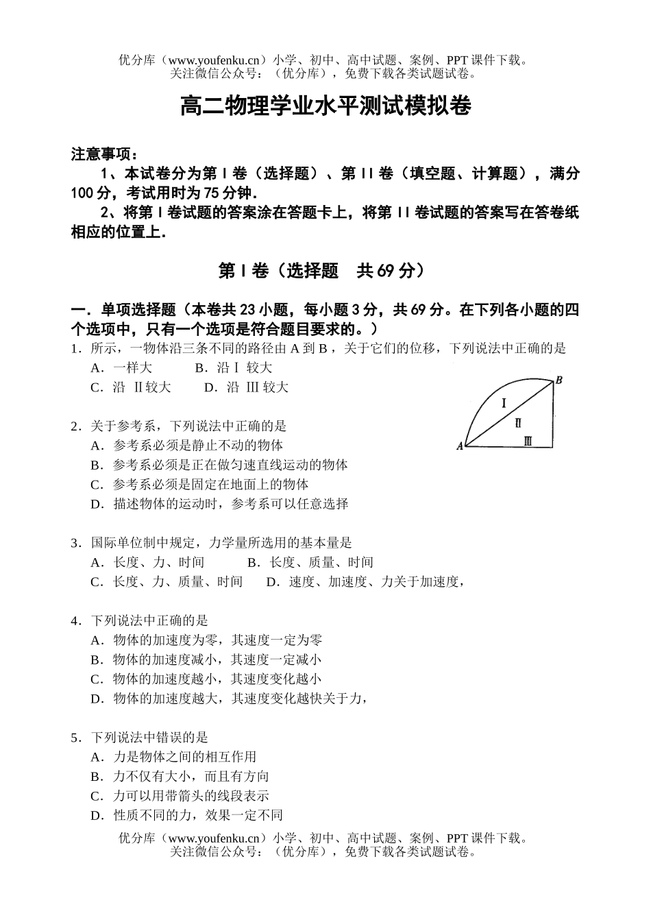 高中二年级物理学业水平测试模拟卷2试卷_第1页