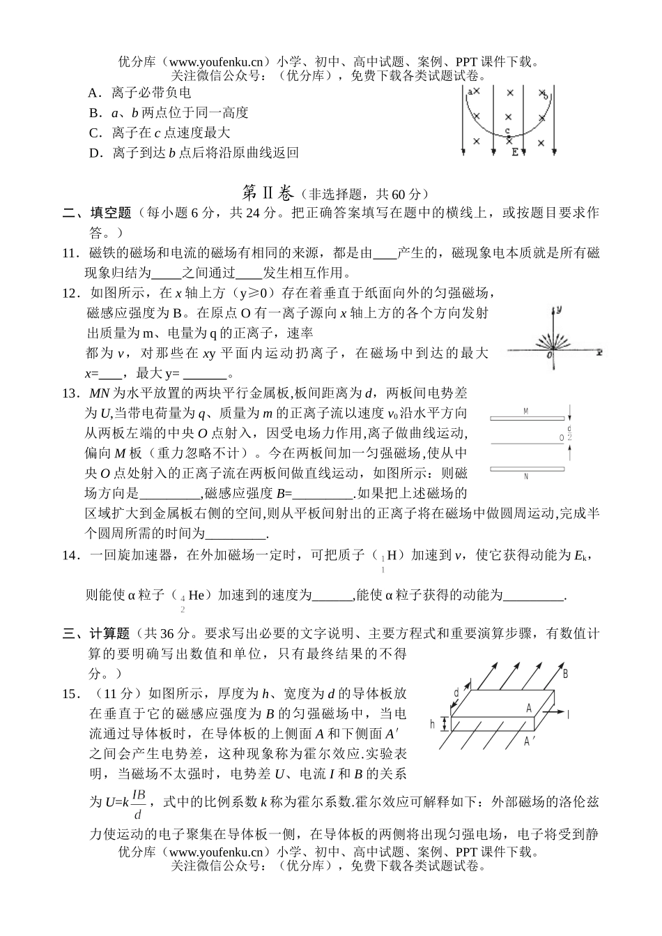 高中二年级物理同步测试(2)— 磁场(B)试卷_第2页