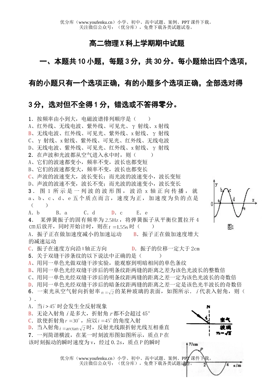 高中二年级物理X科上学期期中试卷_第1页