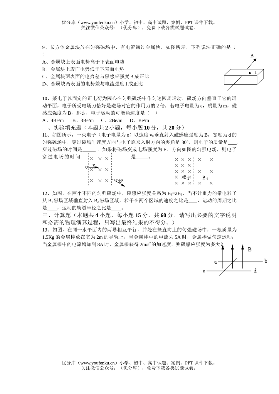高中二年级物理级磁场寒假作业试卷_第2页