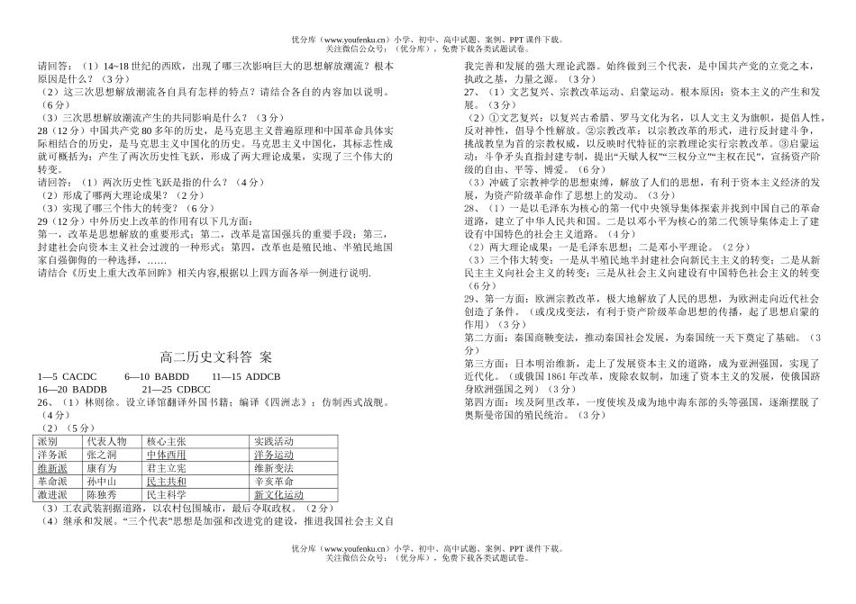 高中二年级历史高上学期教学质量检测试卷_第3页