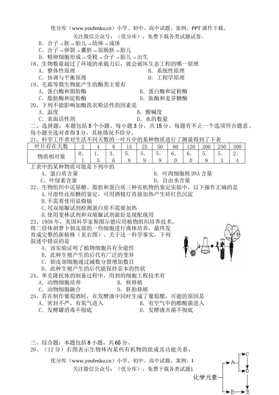 高中二年级生物第二学期第二次阶段性考试卷_第3页