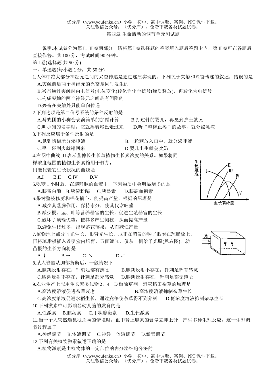高中二年级生物第四章 生命活动的调节单元测试卷_第1页