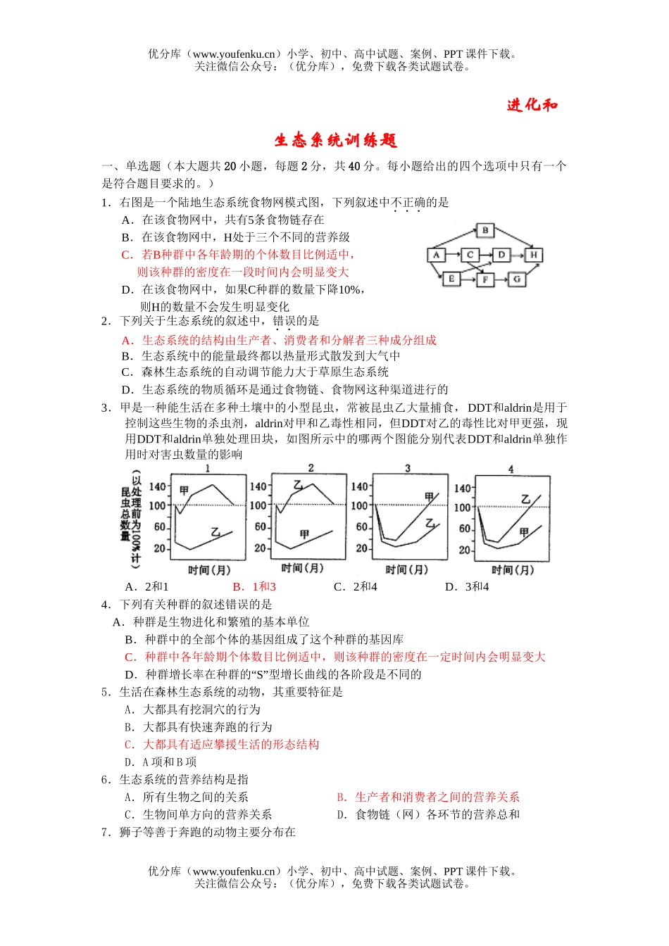 高中二年级生物进化和生态系统训练题试卷_第1页