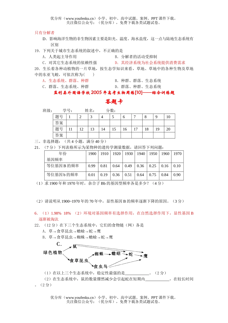 高中二年级生物进化和生态系统训练题试卷_第3页