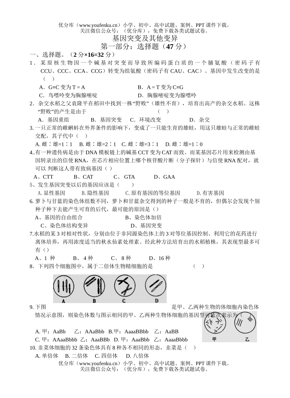 高中二年级生物基因突变及其他变异测试卷_第1页