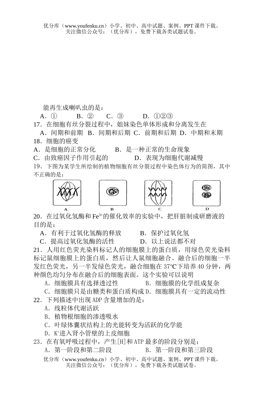 高中二年级生物第一学期期中考试3试卷_第3页