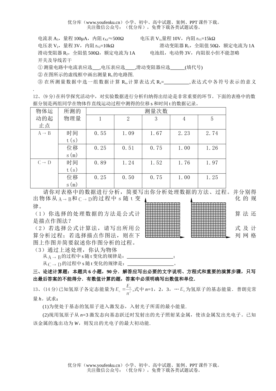 高中三年级物理第二学期4月份阶段性测试卷_第3页