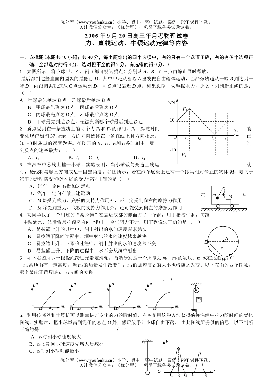 高中三年级物理月考力、直线运动、牛顿运动定律等内容试卷_第1页